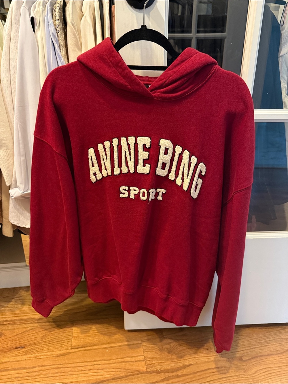 Anine Bing Red Chenille Logo Hoodie Sweater